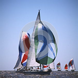 Sailing boat yacht or sail regatta race on blue water Sea Sport.rio de la plata ,buenos aires