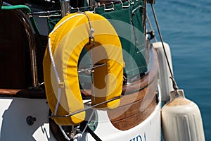 Sailing boat yellow Lifebuoy component detail in Greece