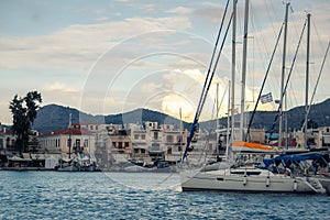 Sailing boats anchored in a marina in Greece