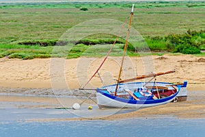 Sailing boats beached at Brancaster Staithe