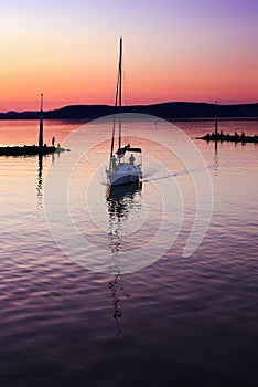 Sailing boats on Lake Balaton at sunset