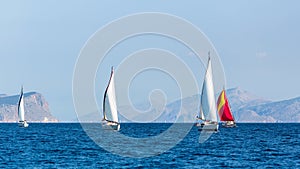 Sailing boats participate in yachting regatta. Sport.