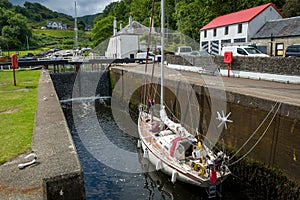 Sailing boats passes gates of Crinan canal