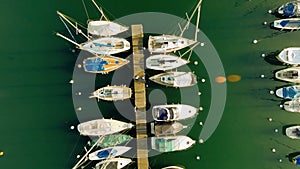 Sailing boats pier lake. aerial view. ship dock