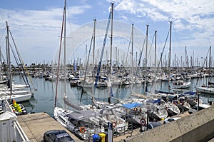 Sailing boats in Port Olimpic marina in the city of Barcelona