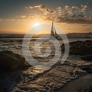 Sailing boats at sunrise in Yatch with beautiful serene seascapes. AI Generative.