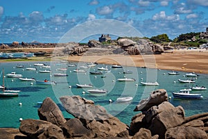 Sailing Boats and transparent water on Coz-Pors beach in Tregastel, CÃÂ´tes d`Armor, Brittany France