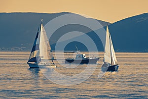 Sailing boats on water at sunset. Mediterranean landscape. Montenegro, Kotor Bay. Toned image