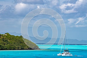 Sailing in Bora Bora blue lagoon French Polynesia