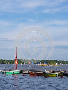 Sailing competition and small boats in marina on sunny lake