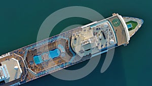 Sailing cruise ship aerial top view