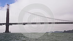Sailing down the San Francisco bay on a small yacht in California near a Golden Gate bridge