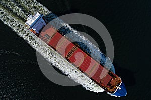 Sailing fright ship seen from the sky