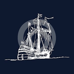 Sailing galleon ship in the ocean in ink line style. Vector hand sketched old warship. Marine theme design.