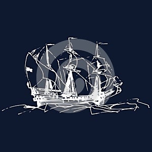 Sailing galleon ship in the ocean in ink line style. Vector hand sketched old warship. Marine theme design.