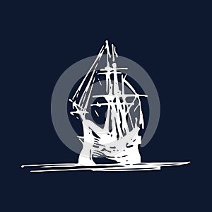 Sailing galleon ship in the ocean in ink line style. Vector hand sketched old warship. Marine theme design.