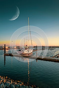 a sailing harbor there is a white sailboat in the sunset and in the sky there is the big half moon