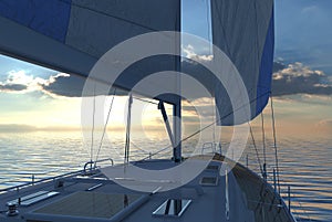 Sailing lboat at open sea towards sunset 3d illustration