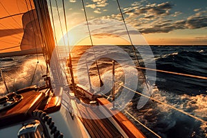 Sailing on the ocean, sunset. Waves bouncing off the boat