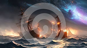 Sailing old ship instorm sea - night sky with crescent in the clouds. Pirate ghost ship AI generated