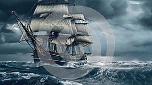 Sailing old ship in a storm sea AI generated image