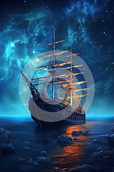 Sailing old ship in storm sea at sunset. Night starry sky. Generative AI