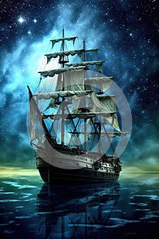 Sailing old ship in storm sea at sunset. Night starry sky. Generative AI