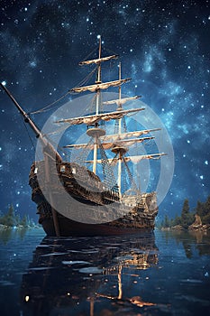 Sailing old ship in storm sea at sunset. Night starry sky. Generative AI
