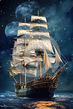 Sailing old ship in storm sea at sunset. Night starry sky. Generative AI