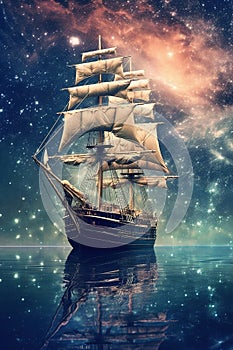 Sailing old ship in storm sea at sunset. Night starry sky. Generative AI