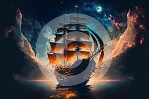 A sailing pirate ship that is discovering the mysteries of outer space and the universe