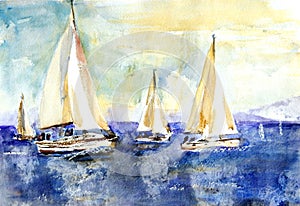 Sailing racing yachts during a regatta against the backdrop of green hilly shores. Watercolor color drawing