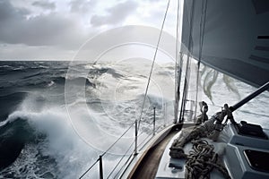 Sailing a sailboat or yacht on ocean during extreme storm with big waves, POV. Generative AI