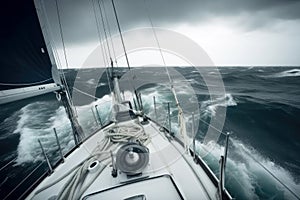 Sailing a sailboat or yacht on ocean during extreme storm with big waves, POV. Generative AI