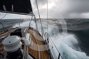 Sailing a sailboat or yacht on ocean during extreme storm with big waves, POV. Generative AI