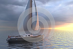 Sailing on sea and sunset 3d illustration