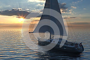 Sailing on sea and sunset 3d illustration