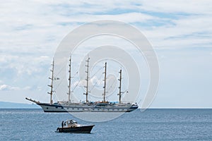 Sailing ship in Amalfi Harbor Marina Coppola, Amalfi Port, province of Salerno, the region of Campania, Amalfi Coast, Costiera Ama