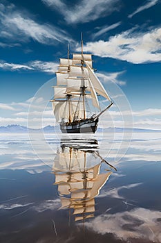 A sailing ship in a calm harbor, Generative AI 1