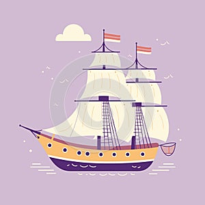 Sailing ship cartoon illustration purple background. Oldfashioned sailboat orange, yellow sails