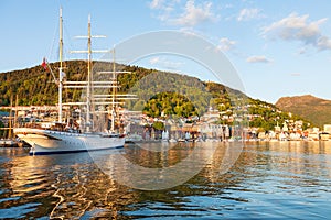 Sailing ship entering the port of Bergen, Norway