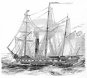 A sailing ship equipped with steam boilers