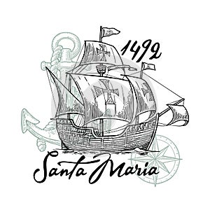 Sailing ship floating on the sea waves. Caravel Santa Maria. photo