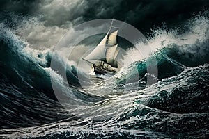 Sailing ship in a giant storm with crashing waves. Sailing Boat inside a Giant Storm dramatic scene. Ai generated