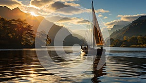 Sailing ship glides on tranquil water, nature beauty surrounds generated by AI