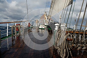 Sailing ship in heavy weather