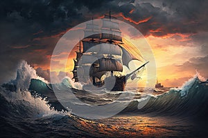 sailing ship on high waves against backdrop of sunset sailing in a storm