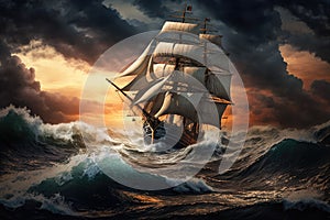 sailing ship on high waves against backdrop of sunset sailing in a storm