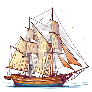 Sailing ship illustration water full set sails catching wind. Wooden tall ship sea, detailed