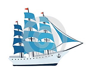 Sailing ship isolated on white background in a flat style. Children`s illustration for design of children`s rooms, clothing,